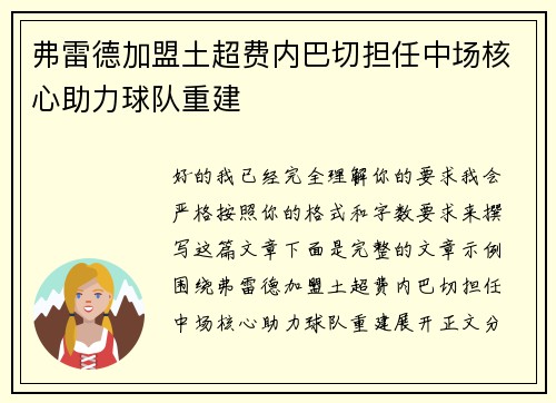 弗雷德加盟土超费内巴切担任中场核心助力球队重建 弗雷德加盟土超费内巴切担任中场核心助力球队重建